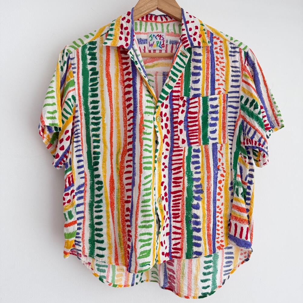 Vintage Jams World Shirt Mens Medium Crinkle Rayon Hawaiian Art Cropped Boxy 90s